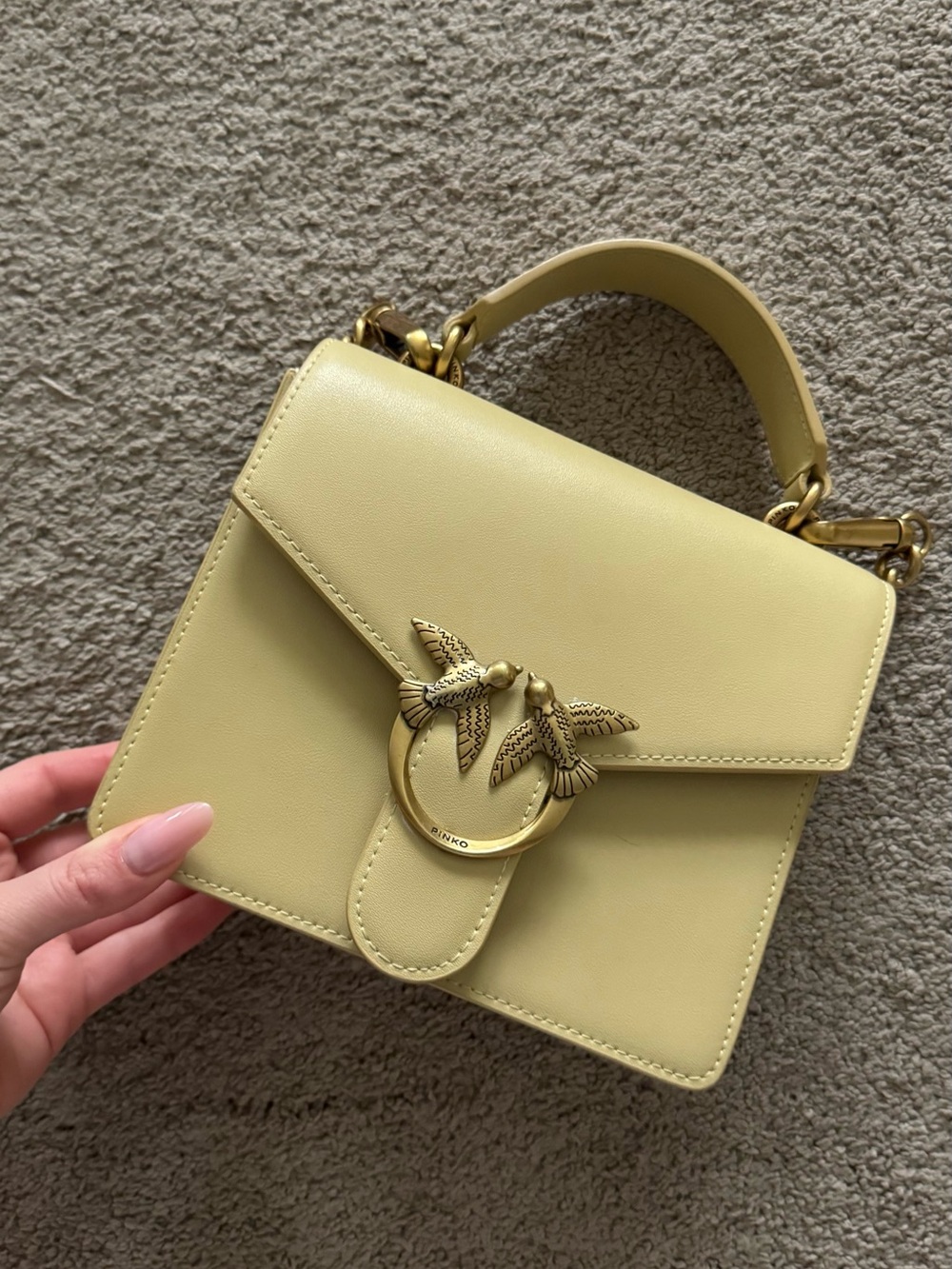 Authentic Pinko Yellow Mini Top-Handle Bag with Gold Bird Ring